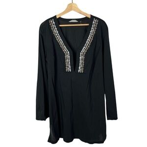 Athleta Black V-Neck Light Weight Long Sleeve Printed Swim Coverup S